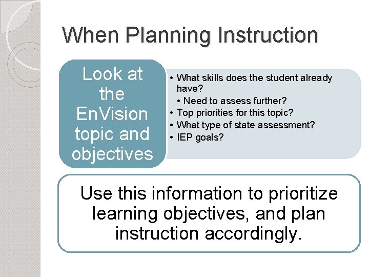 When Planning Instruction Look at the En. Vision topic and objectives • What skills