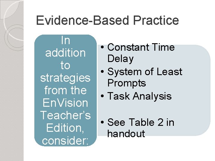 Evidence-Based Practice In addition to strategies from the En. Vision Teacher’s Edition, consider: •