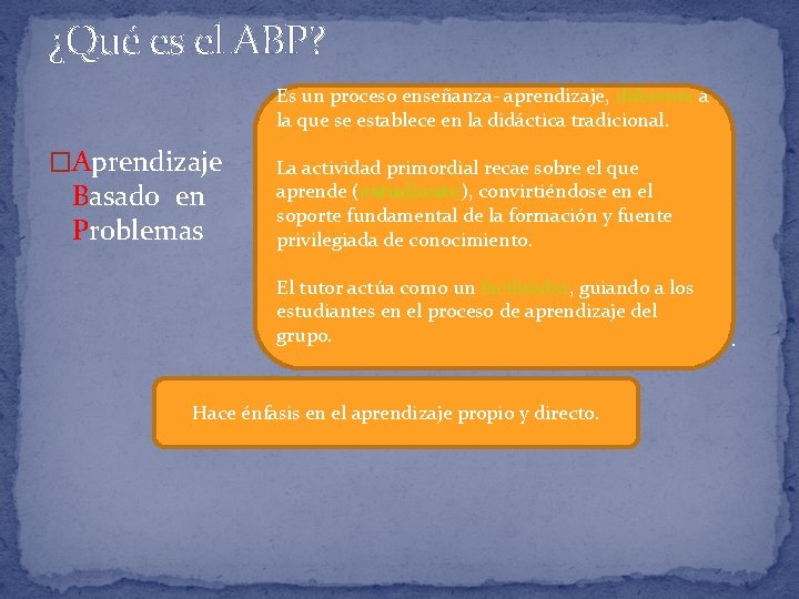 ¿Qué es el ABP? Es un proceso enseñanza- aprendizaje, diferente a Estrategia quelapermite la