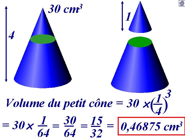 30 3 cm 1 4 3 1 Volume du petit cône = 30 (