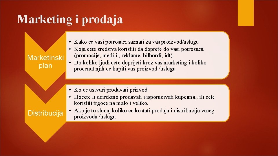 Marketing i prodaja Marketinski plan • Kako ce vasi potrosaci saznati za vas proizvod/uslugu Marketing i prodaja Marketinski plan • Kako ce vasi potrosaci saznati za vas proizvod/uslugu
