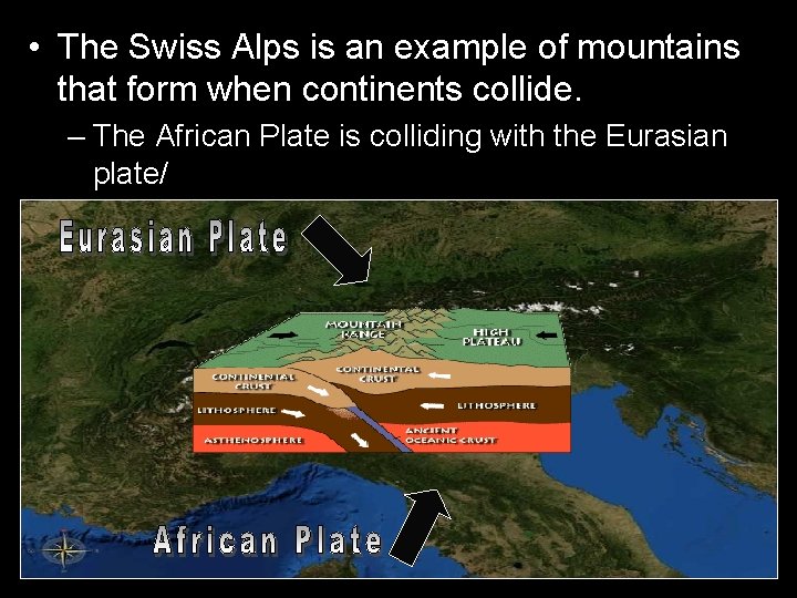  • The Swiss Alps is an example of mountains that form when continents