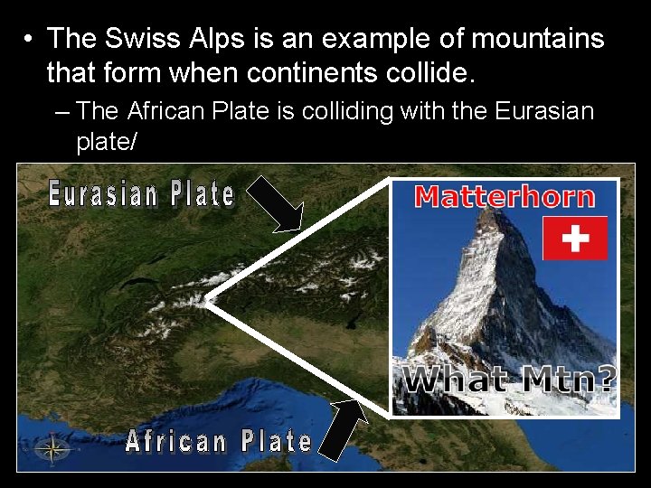  • The Swiss Alps is an example of mountains that form when continents