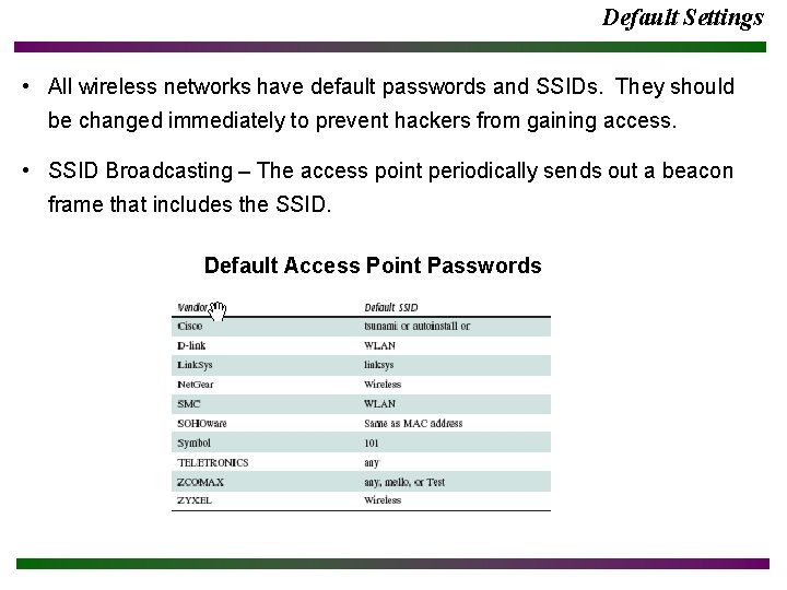 Default Settings • All wireless networks have default passwords and SSIDs. They should be