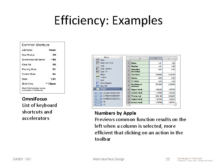 Efficiency: Examples Omni. Focus List of keyboard shortcuts and accelerators IS 4300 - HCI Efficiency: Examples Omni. Focus List of keyboard shortcuts and accelerators IS 4300 - HCI