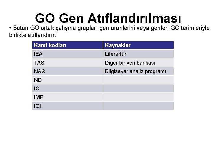 GO Gen Atıflandırılması • Bütün GO ortak çalışma grupları gen ürünlerini veya genleri GO