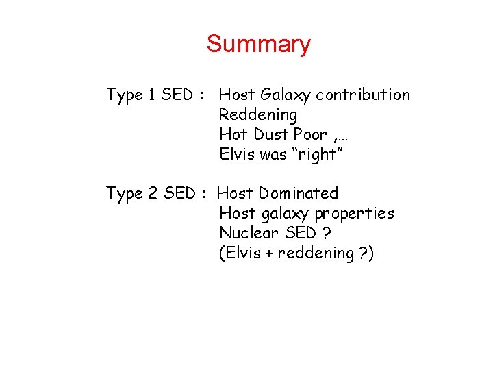 Summary Type 1 SED : Host Galaxy contribution Reddening Hot Dust Poor , …
