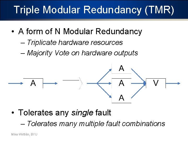 Triple Modular Redundancy (TMR) • A form of N Modular Redundancy – Triplicate hardware