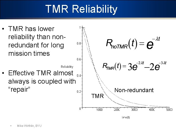 TMR Reliability • TMR has lower reliability than nonredundant for long mission times •