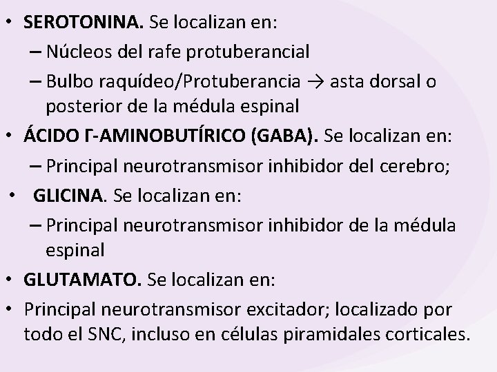  • SEROTONINA. Se localizan en: – Núcleos del rafe protuberancial – Bulbo raquídeo/Protuberancia