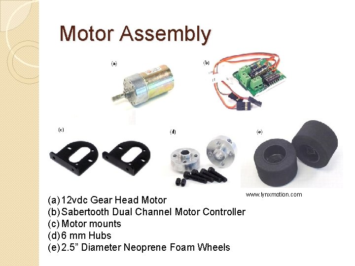 Motor Assembly (a) 12 vdc Gear Head Motor (b) Sabertooth Dual Channel Motor Controller