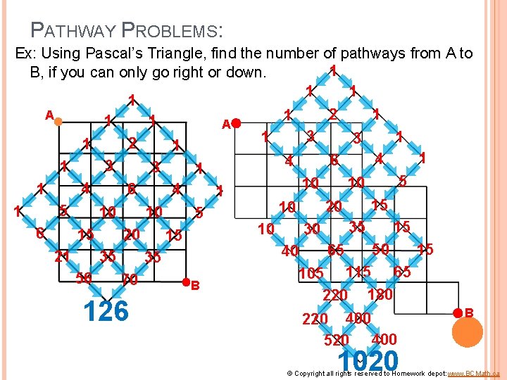PATHWAY PROBLEMS: Ex: Using Pascal’s Triangle, find the number of pathways from A to