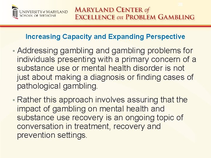 38 Increasing Capacity and Expanding Perspective • Addressing gambling and gambling problems for individuals