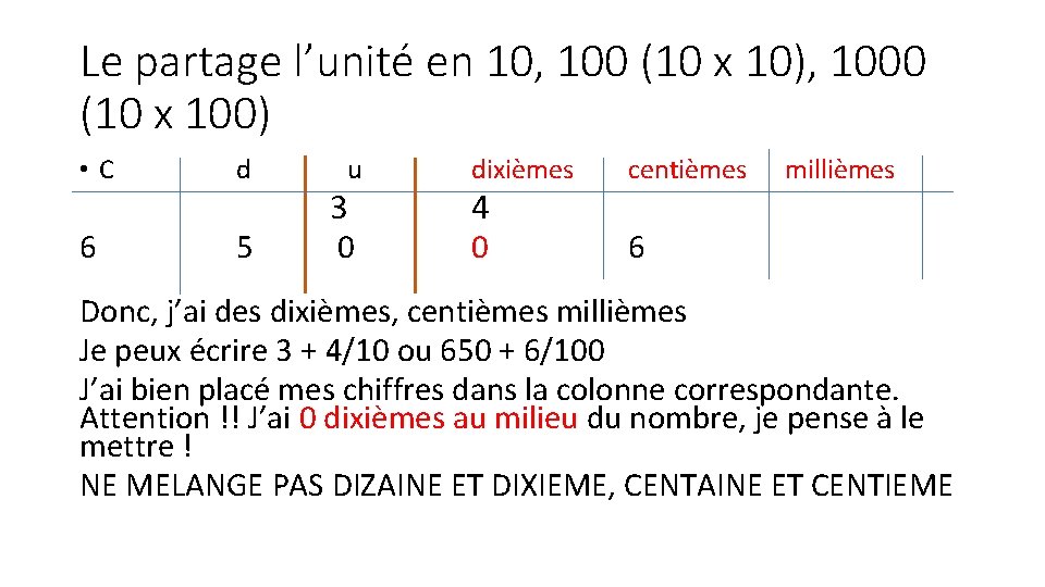 Le partage l’unité en 10, 100 (10 x 10), 1000 (10 x 100) •