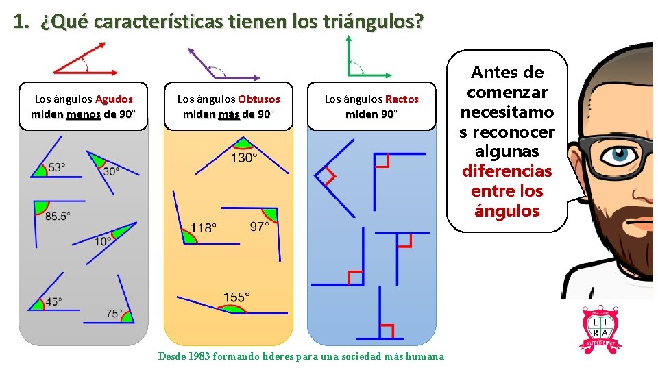 1. ¿Qué características tienen los triángulos? Los ángulos Agudos miden menos de 90° Los