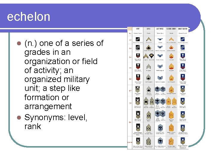 echelon (n. ) one of a series of grades in an organization or field