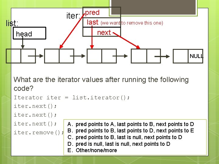 list: head iter: pred last (we want to remove this one) next NULL What