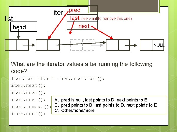 list: head iter: pred last (we want to remove this one) next NULL What