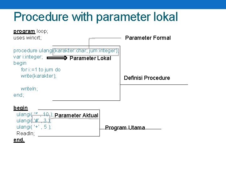 Procedure with parameter lokal program loop; uses wincrt; Parameter Formal procedure ulangi(karakter: char; jum: