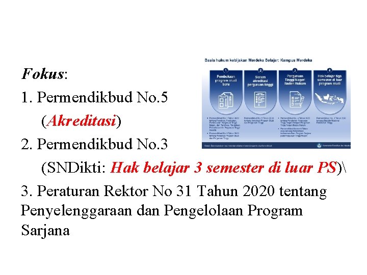 Fokus: 1. Permendikbud No. 5 (Akreditasi) 2. Permendikbud No. 3 (SNDikti: Hak belajar 3