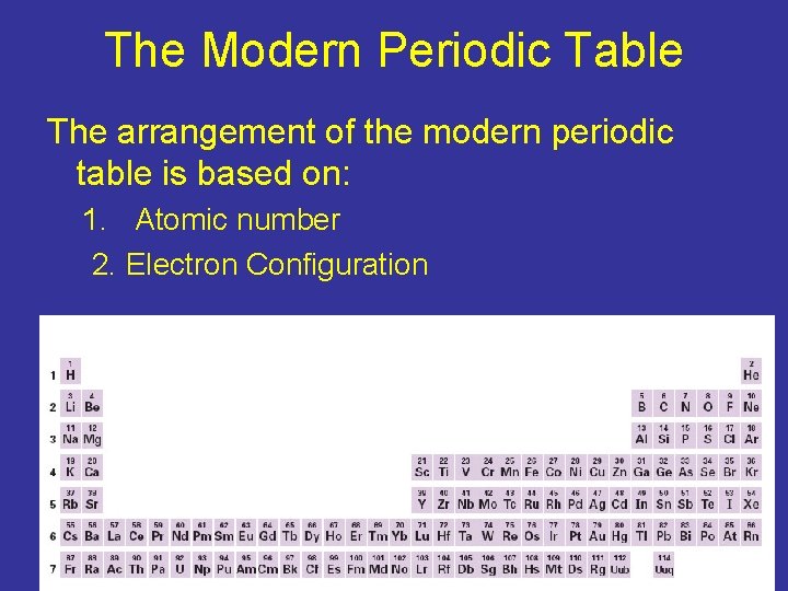 The Modern Periodic Table The arrangement of the modern periodic table is based on: