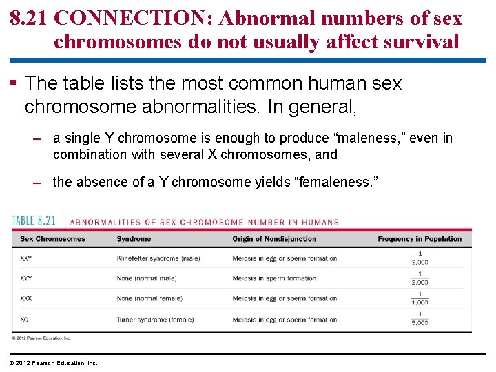 8. 21 CONNECTION: Abnormal numbers of sex chromosomes do not usually affect survival §