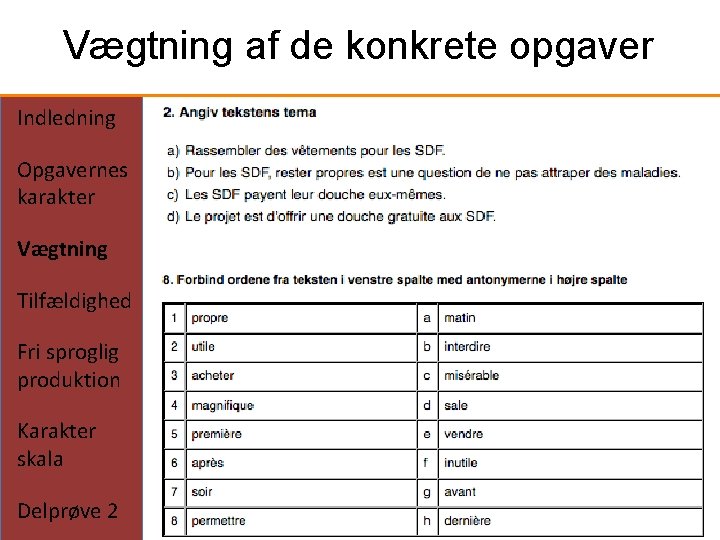 Vægtning af de konkrete opgaver Indledning Opgavernes karakter Vægtning Tilfældighed Fri sproglig produktion Karakter