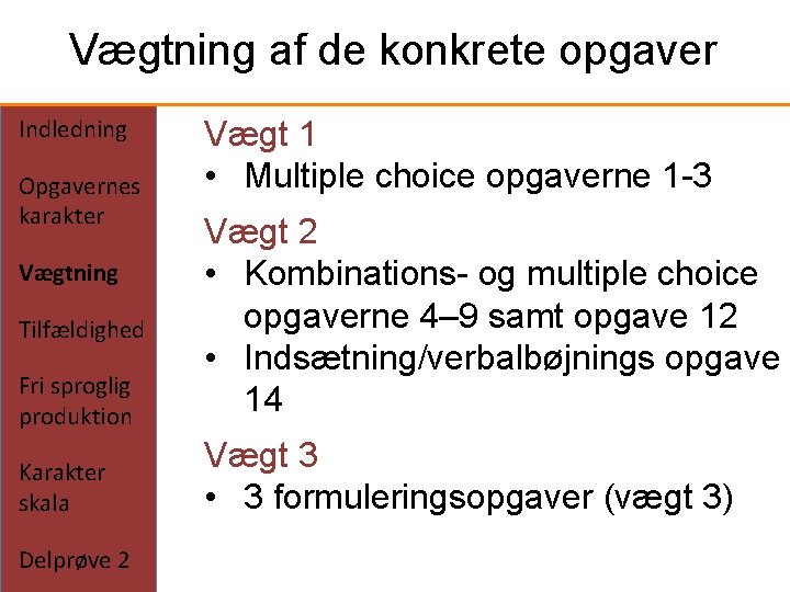 Vægtning af de konkrete opgaver Indledning Opgavernes karakter Vægt 1 • Multiple choice opgaverne