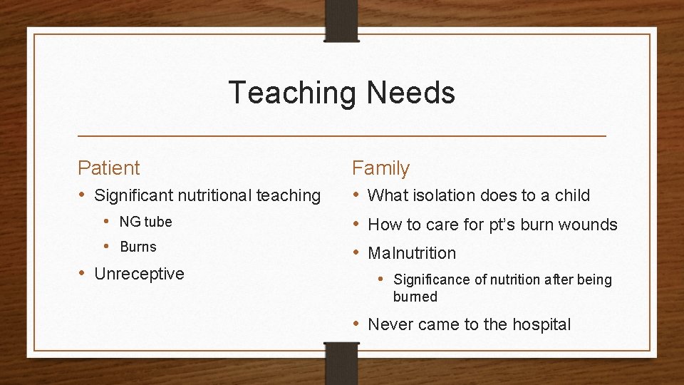 Teaching Needs Patient • Significant nutritional teaching • NG tube • Burns • Unreceptive