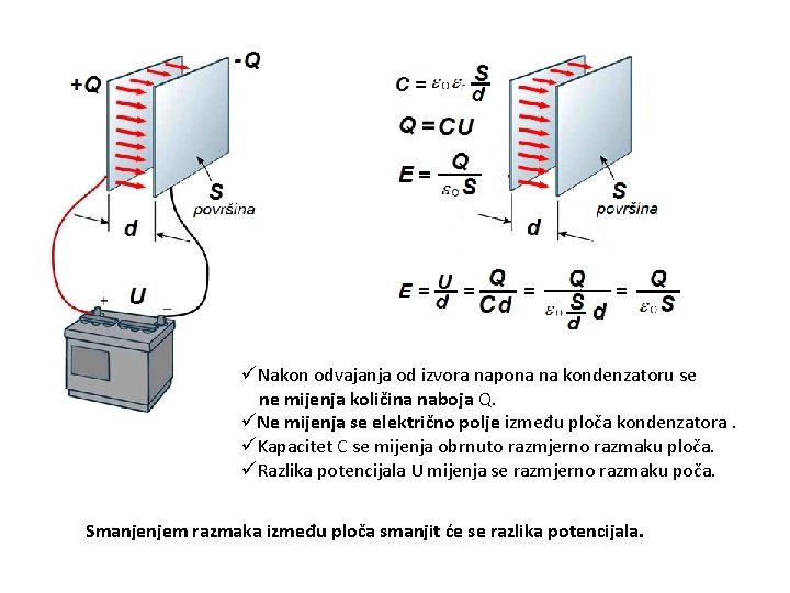üNakon odvajanja od izvora napona na kondenzatoru se ne mijenja količina naboja Q. üNe