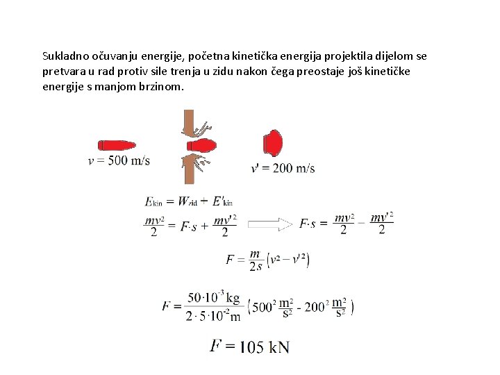 Sukladno očuvanju energije, početna kinetička energija projektila dijelom se pretvara u rad protiv sile