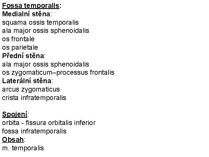 Fossa temporalis: Medialní stěna: squama ossis temporalis ala major ossis sphenoidalis os frontale os