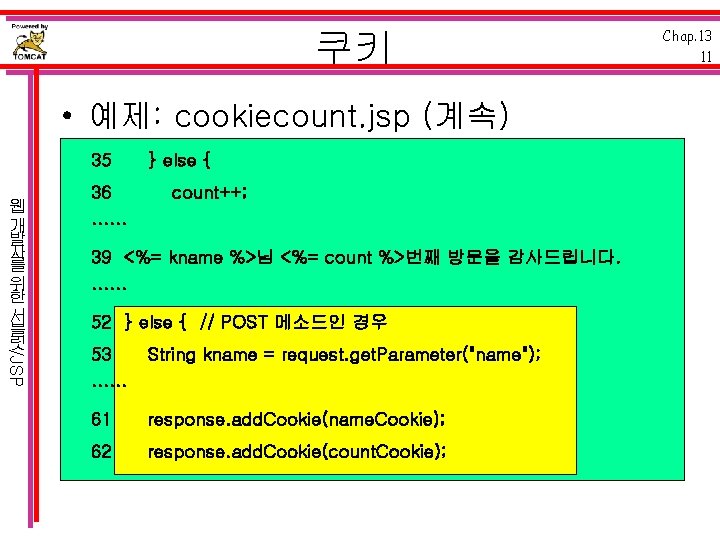 쿠키 • 예제: cookiecount. jsp (계속) 35 /JSP 웹 개 발 자 를 위