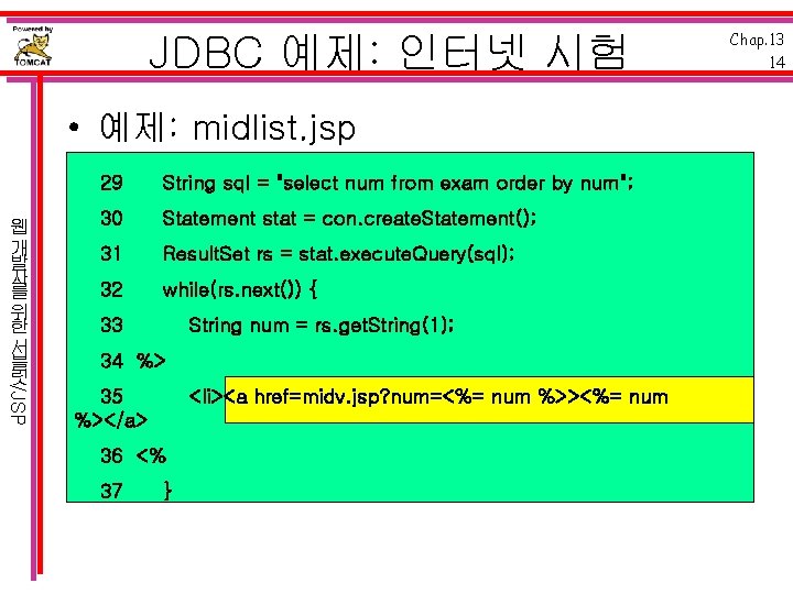 JDBC 예제: 인터넷 시험 • 예제: midlist. jsp /JSP 웹 개 발 자 를