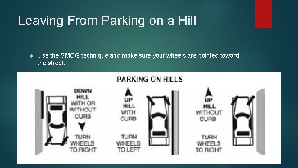 Leaving From Parking on a Hill Use the SMOG technique and make sure your