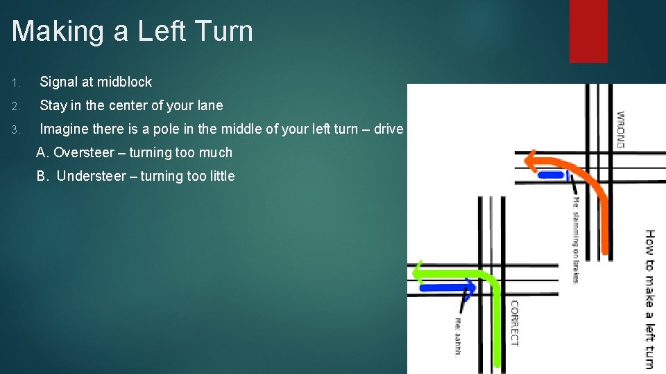 Making a Left Turn 1. Signal at midblock 2. Stay in the center of