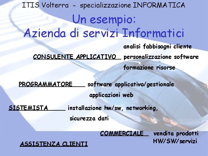 ITIS Volterra - specializzazione INFORMATICA Un esempio: Azienda di servizi Informatici analisi fabbisogni cliente