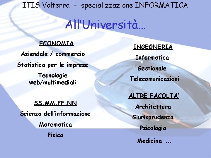 ITIS Volterra - specializzazione INFORMATICA All’Università… ECONOMIA Aziendale / commercio Statistica per le imprese