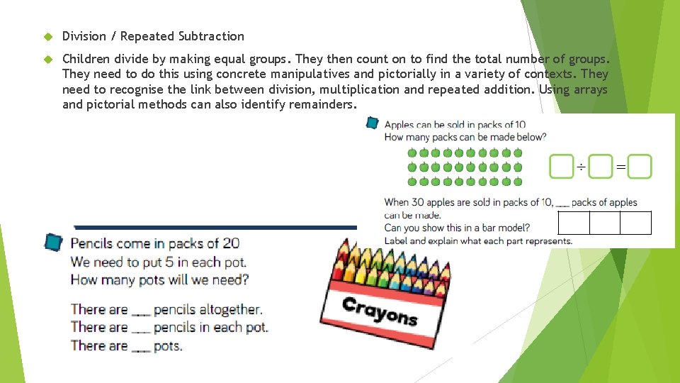  Division / Repeated Subtraction Children divide by making equal groups. They then count