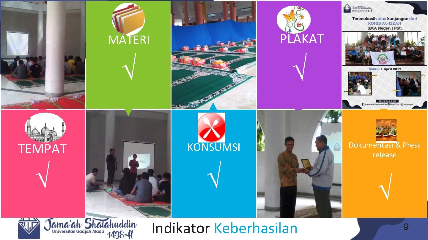 MATERI PLAKAT √ √ TEMPAT KONSUMSI √ √ Indikator Keberhasilan Dokumentasi & Press release