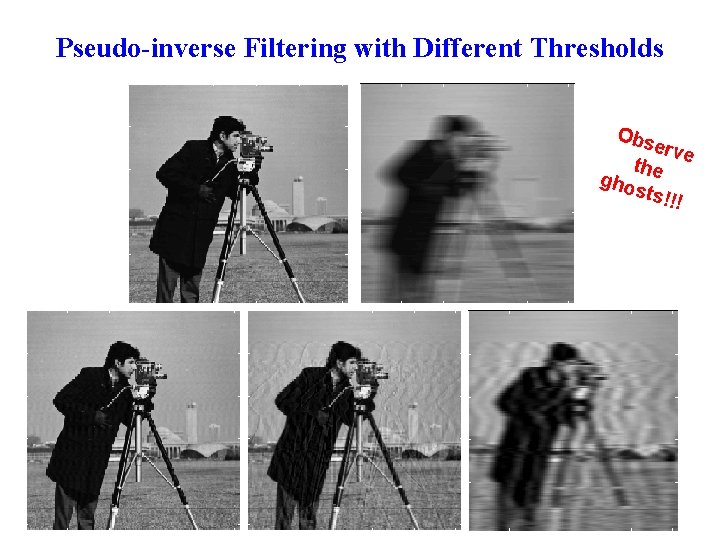 Pseudo-inverse Filtering with Different Thresholds Obs erve the gho sts! !! 