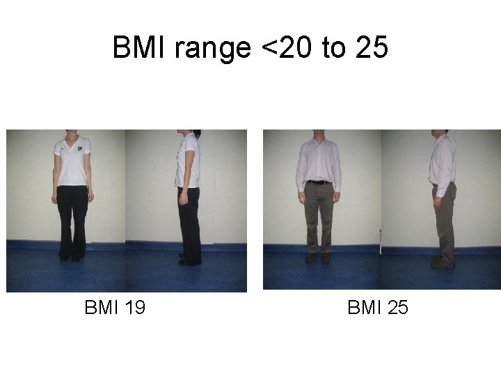BMI range <20 to 25 BMI 19 BMI 25 