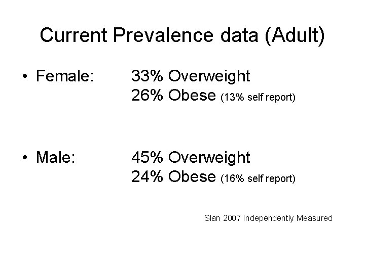 Current Prevalence data (Adult) • Female: 33% Overweight 26% Obese (13% self report) •