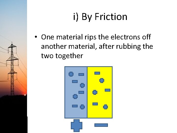 i) By Friction • One material rips the electrons off another material, after rubbing