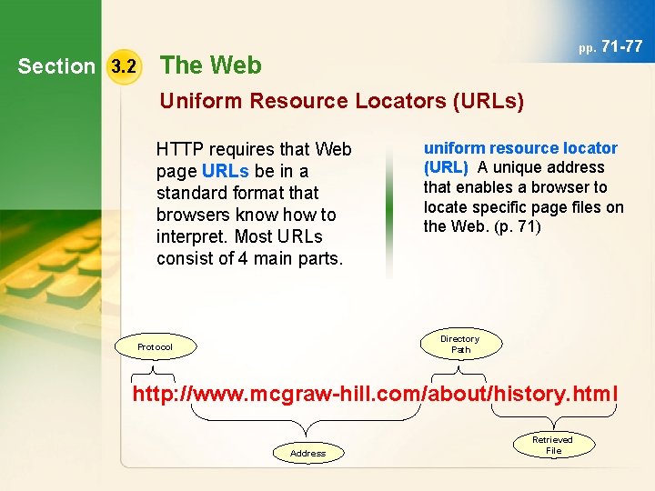 Section 3. 2 pp. The Web 71 -77 Uniform Resource Locators (URLs) HTTP requires
