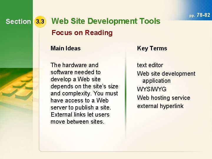 Section 3. 3 Web Site Development Tools pp. Focus on Reading Main Ideas Key