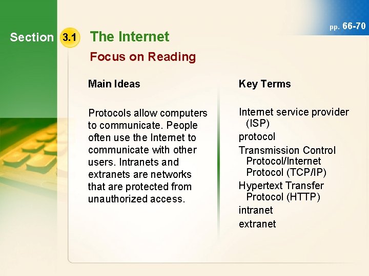 Section 3. 1 pp. The Internet 66 -70 Focus on Reading Main Ideas Key