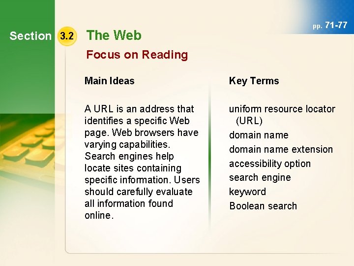 Section 3. 2 pp. The Web 71 -77 Focus on Reading Main Ideas Key