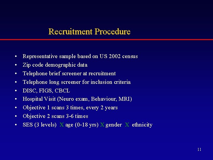 Recruitment Procedure • • • Representative sample based on US 2002 census Zip code