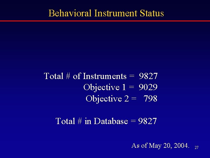 Behavioral Instrument Status Total # of Instruments = 9827 Objective 1 = 9029 Objective